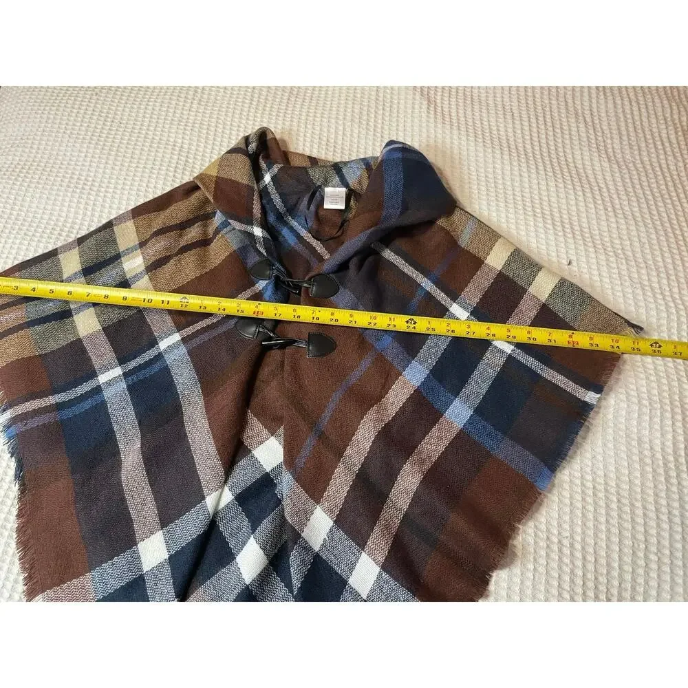 Plaid Cozy Brown & Blue Frog Loop Open Front Poncho Shawl One Size
